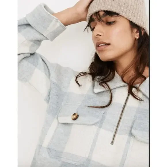 Madewell Boiled Wool Half Zip Popover Sweater Buffalo Check Heather Cream Sz.L - Picture 4 of 12